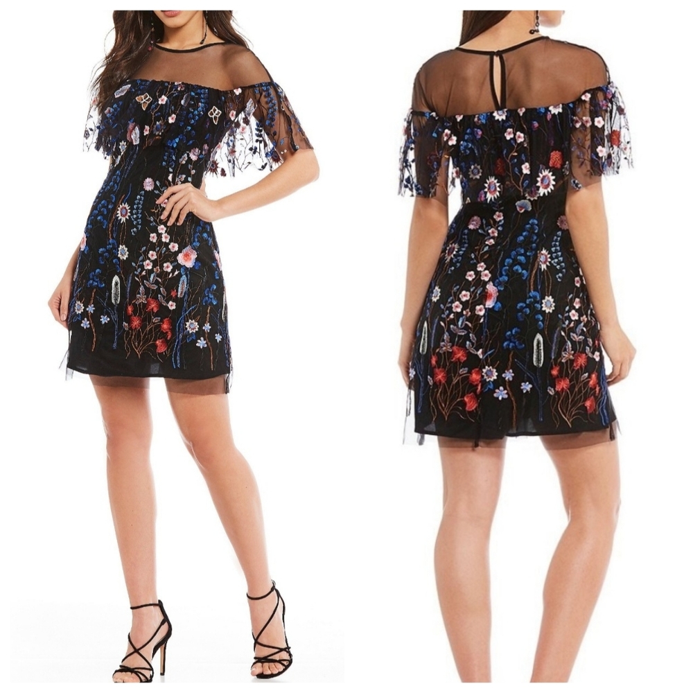 Gianni Bini | Tonny Black Multicolor Floral Embroidered Mesh Overlay Mini Dress